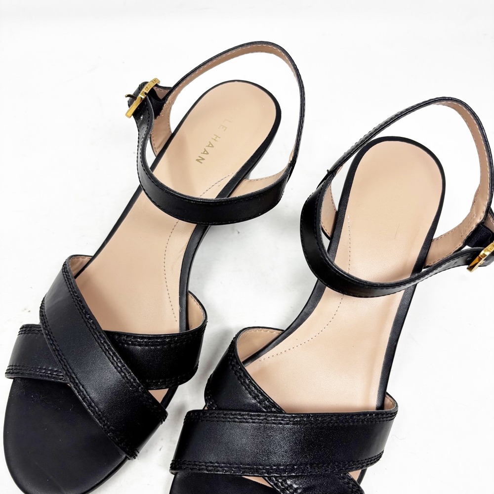 Cole Haan Leather Criss Cross Sandals Size 9.5 Ankle‎ Strap Wedge Black Classic - Picture 4 of 10